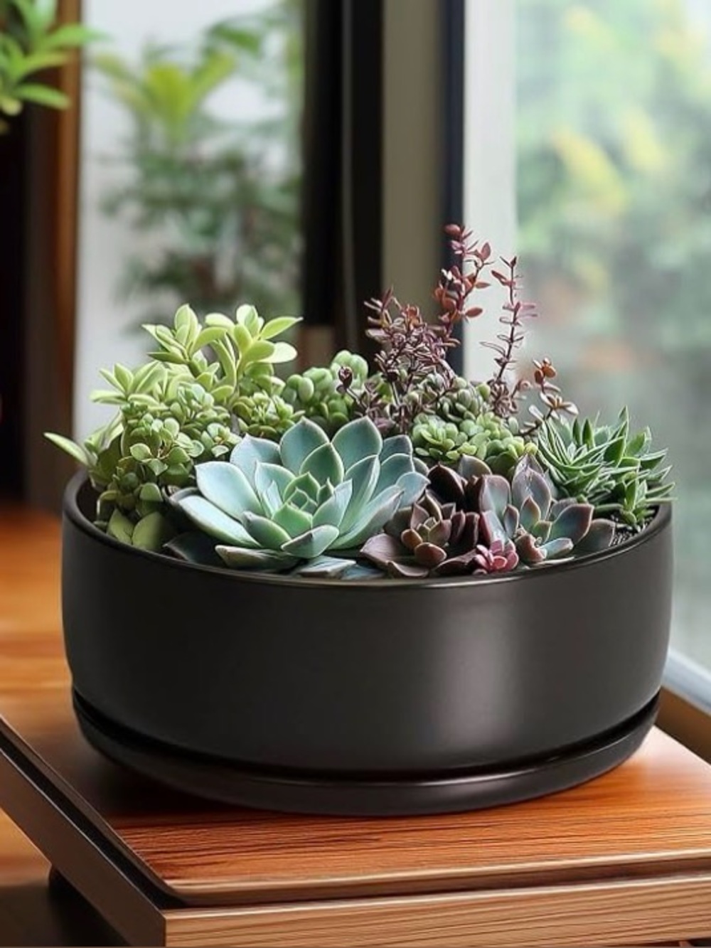 Ceramic Succulent Plant Pot with Drainage Hole & Saucer – Round Indoor Planter